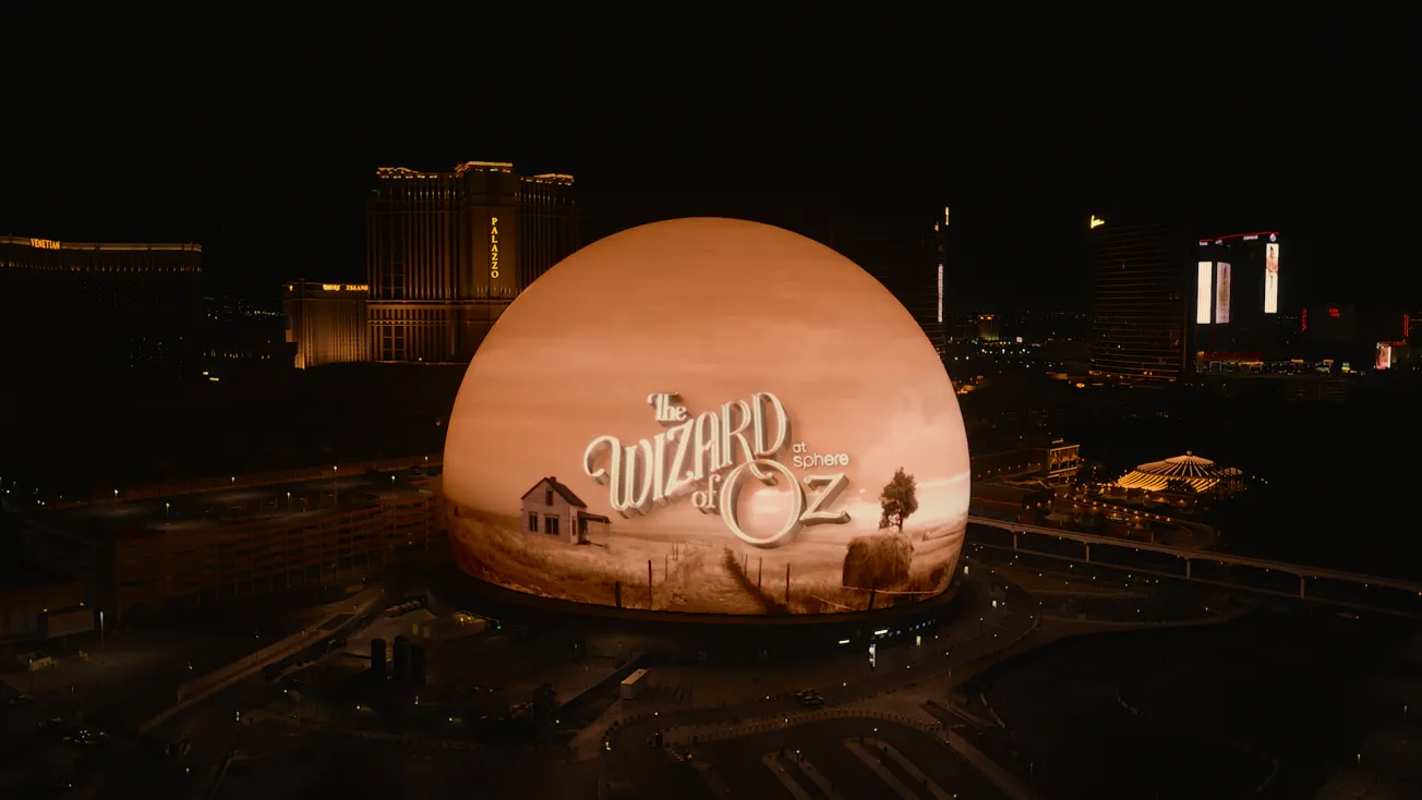 The Las Vegas Sphere displaying The Wizard of Oz with AI-enhanced visuals projected across its 22-story LED screen.